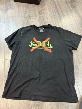 Von Dutch Black Short-Sleeve Tee with Neon Green & Red Logo